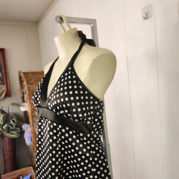 Vintage 1990s Black Polka Dot Satin Halter Dress Tulle Rockabilly Size Medium - Picture 3 of 14